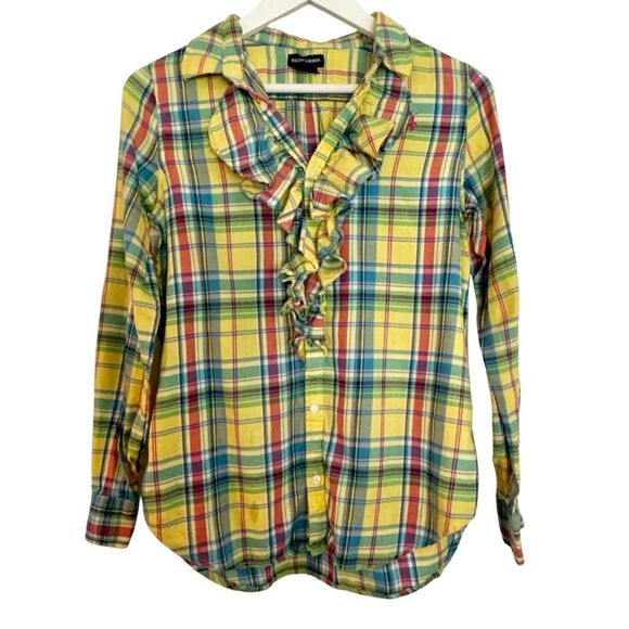 Ralph Lauren yellow plaid ruffle neck button down girls 16 - Picture 1 of 8